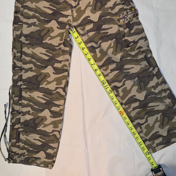 Handi Y2k Army Camo Cargo Capri Pants Bedazzled Jewel Drawstring Cuffs Size 30" - Picture 11 of 11